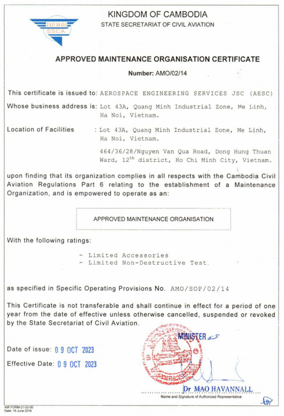 CAMBODIA approval Maintenance Organisation Certificate